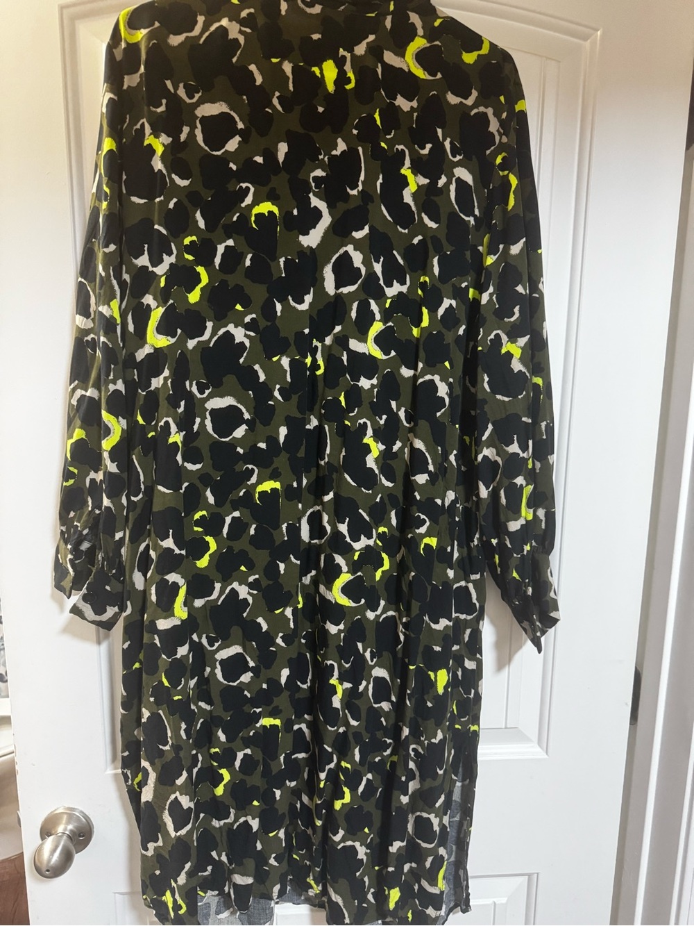 Eloquii Olive & Black Leopard Print Shirt Dress with Neon Yellow Accents - Picture 2 of 8